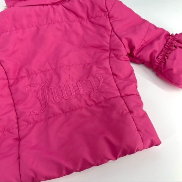 Juicy Couture Ruffle Bell Sleeve Puffer Jacket w/ Fur Hood - Pink | Girls 12M - Picture 7 of 9